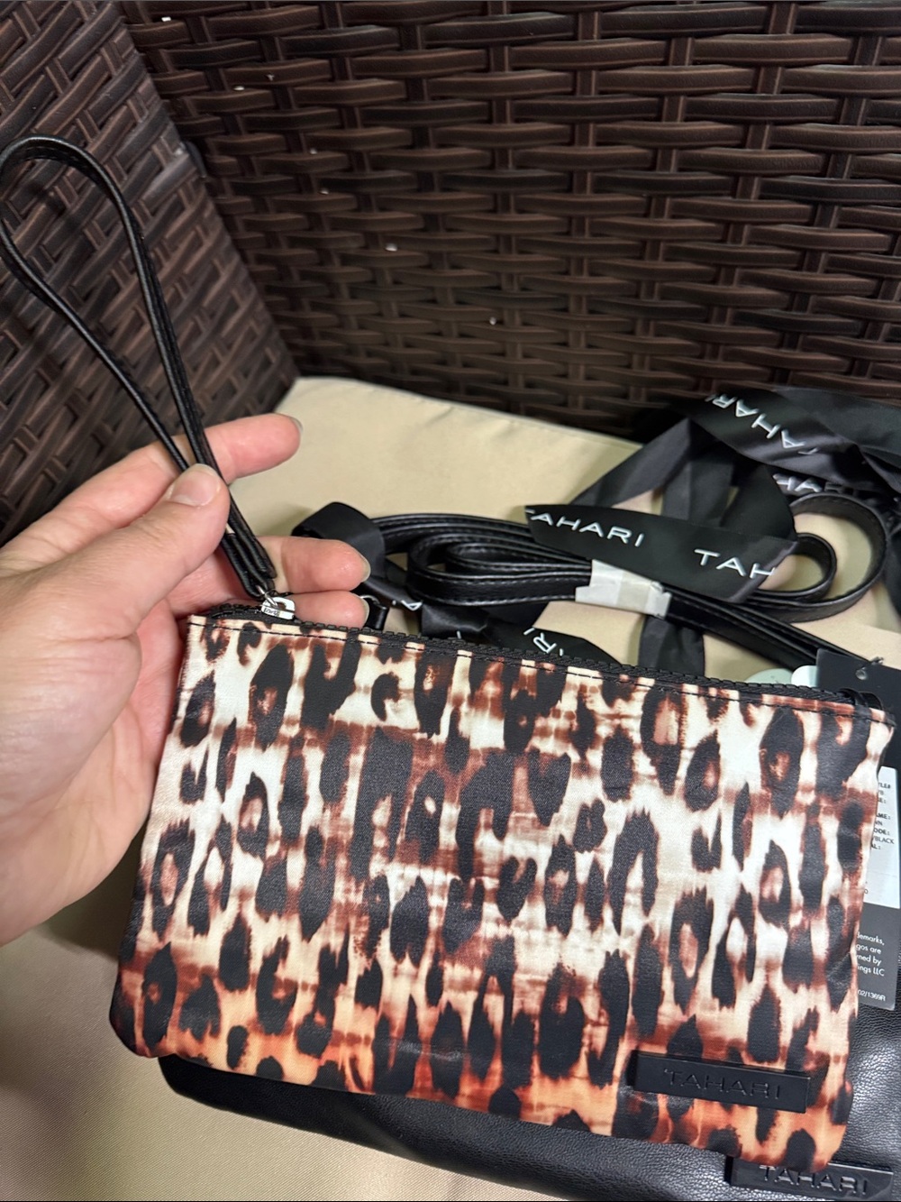 Tahari Black Crossbody Bag with Leopard Print Pouch - Picture 3 of 3